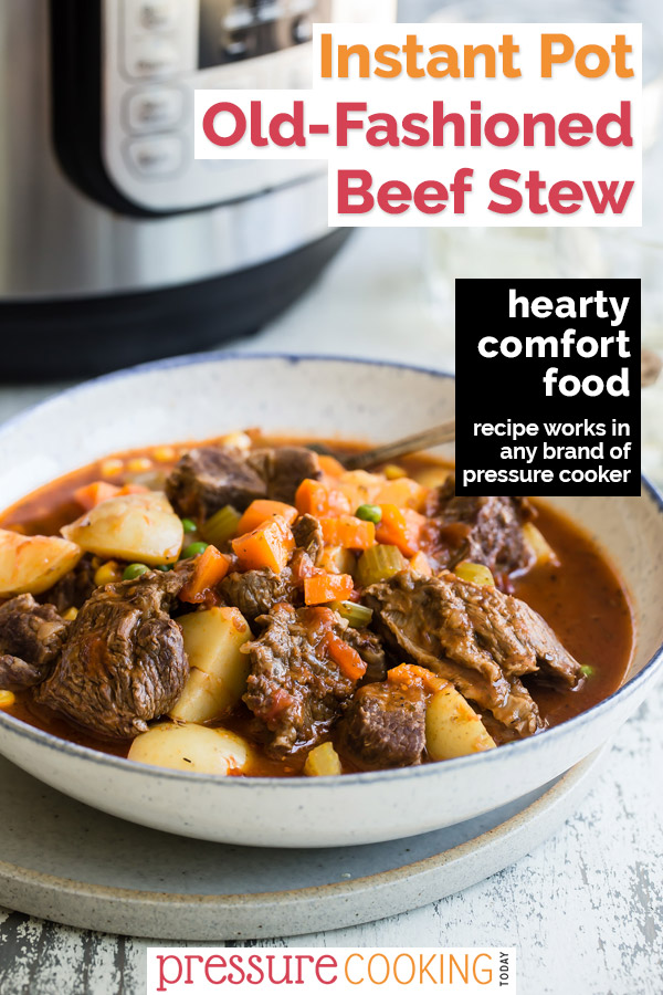 A bowl of beef stew with InstantPot in background