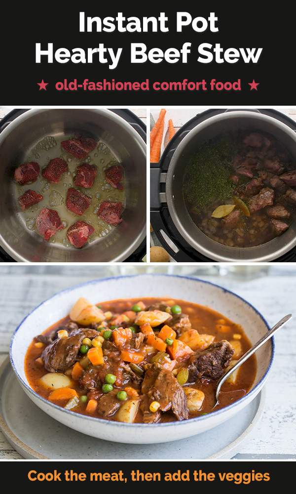 A picture collage of browning beef, mixing beef, beef broth and spices, and a bowl of the beef stew made in an instant pot.