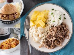 collage of Pulled BBQ chicken, Bow-Tie pasta, and kalua pork, all part of the Instant Pot Beginner meal Plan post