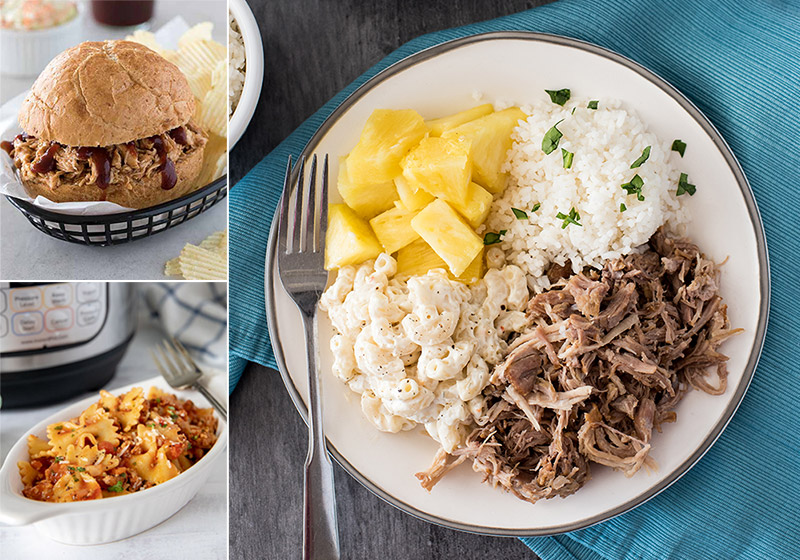 collage of Pulled BBQ chicken, Bow-Tie pasta, and kalua pork, all easy beginner pressure cooker recipes