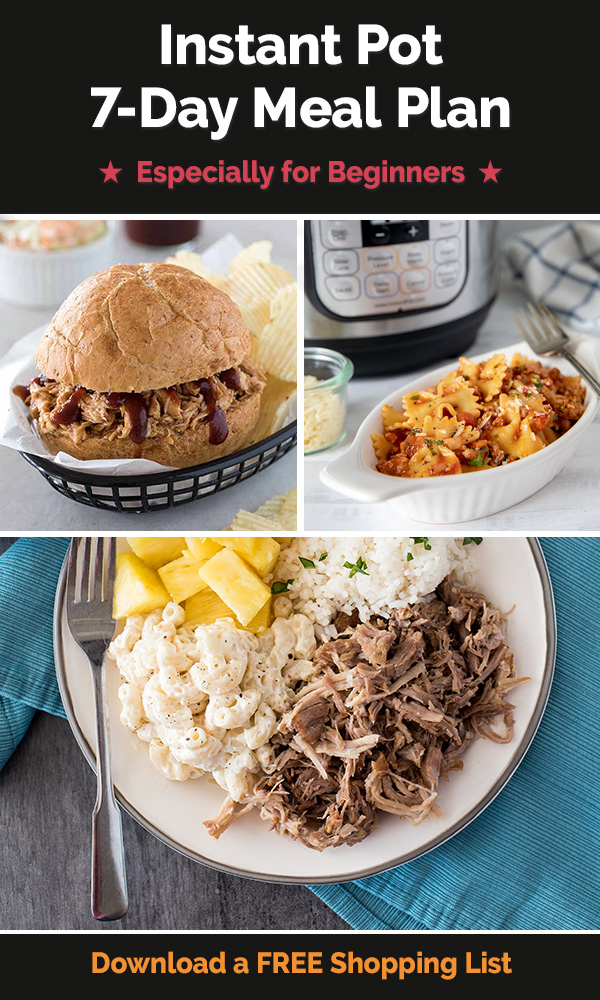 This Instant Pot Meal Plan is perfect for beginners! Each day you'll make a meal that introduces a new pressure cooking skill. By the end of the week, you should feel much more comfortable using your new Instant Pot Duo! via @PressureCook2da