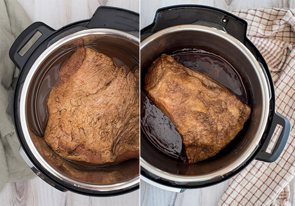 Two different cuts of brisket cooked in an Instant Pot