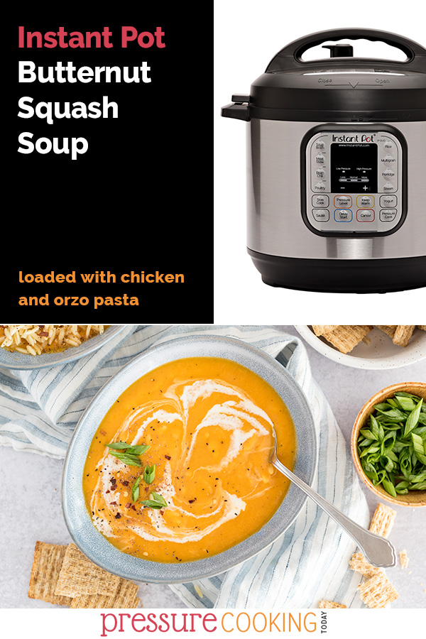 This Instant Pot Butternut Squash Soup is a filling, hearty meal. Loaded with chicken and orzo pasta, you'll want this creamy, delicious recipe you'll want on your table. PLUS, since it starts with cooked chicken and orzo, it's the PERFECT make-ahead meal. via @PressureCook2da