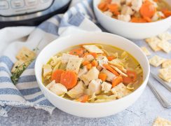 Pressure cooker chicken noodle soup made from scratch in an Instant Pot shown served in a bowl.