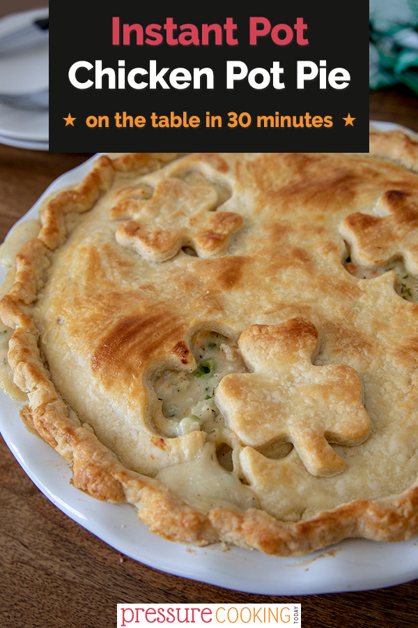 Instant Pot / Pressure Cooker Chicken Pot Pie features a creamy filling of hearty potatoes, tender chicken, peas, carrots and celery under a flaky golden pie crust. You won't believe how easy it is to put together! | Recipe from #PressureCookingToday | via @PressureCook2da