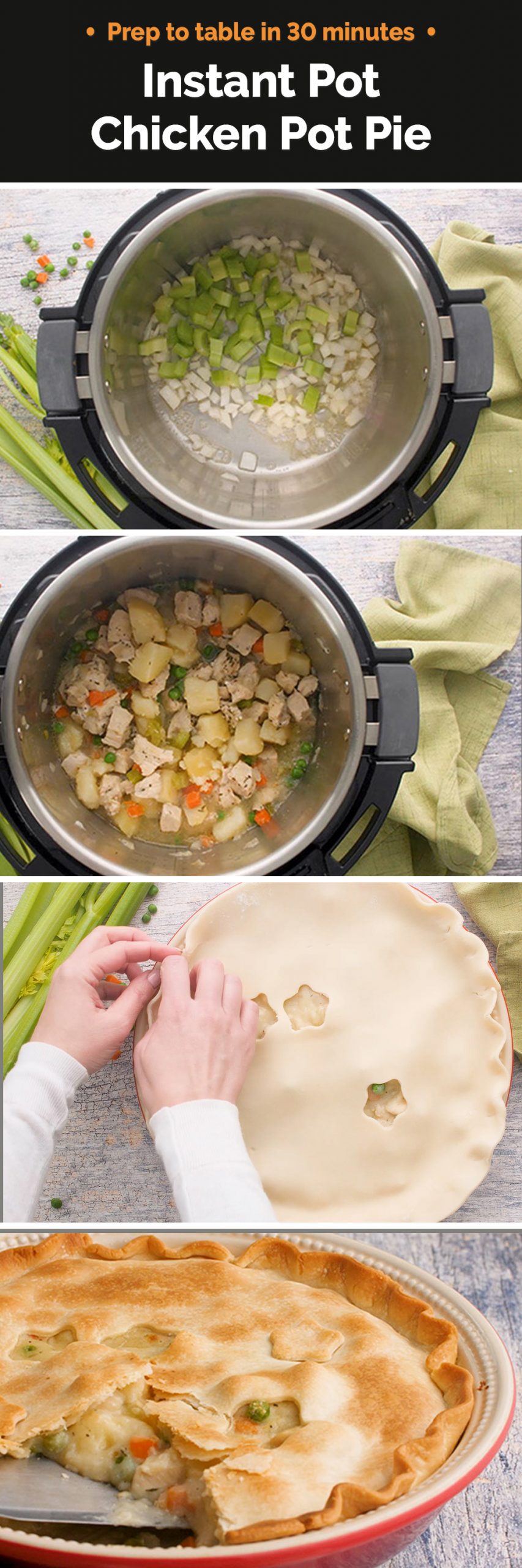 Instant Pot / Pressure Cooker Chicken Pot Pie features a creamy filling of hearty potatoes, tender chicken, peas, carrots and celery under a flaky golden pie crust. You won't believe how easy it is to put together! | Recipe from #PressureCookingToday | via @PressureCook2da
