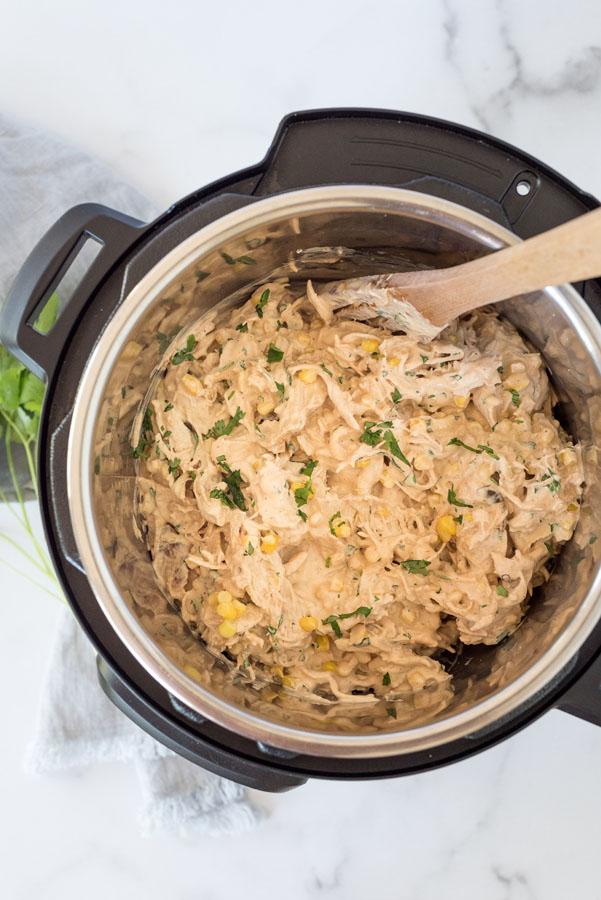 Overhead shot of creamy chipotle chicken cooked in an Instant Pot and ready to serve.