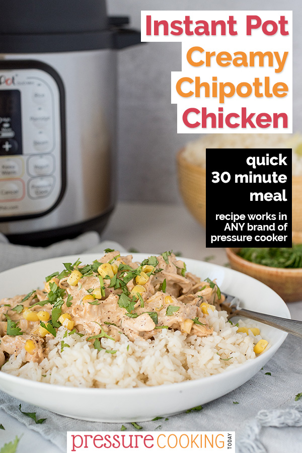 DONE IN UNDER 30 MINUTES! This easy Instant Pot recipe features tender shredded chicken breast, a not-too-spicy chipotle cream sauce, and corn, spooned over white rice. via @PressureCook2da