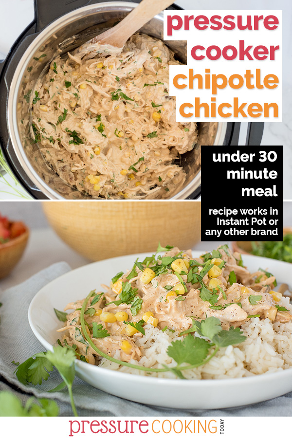 DONE IN UNDER 30 MINUTES! This easy Instant Pot recipe features tender shredded chicken breast, a not-too-spicy chipotle cream sauce, and corn, spooned over white rice. via @PressureCook2da