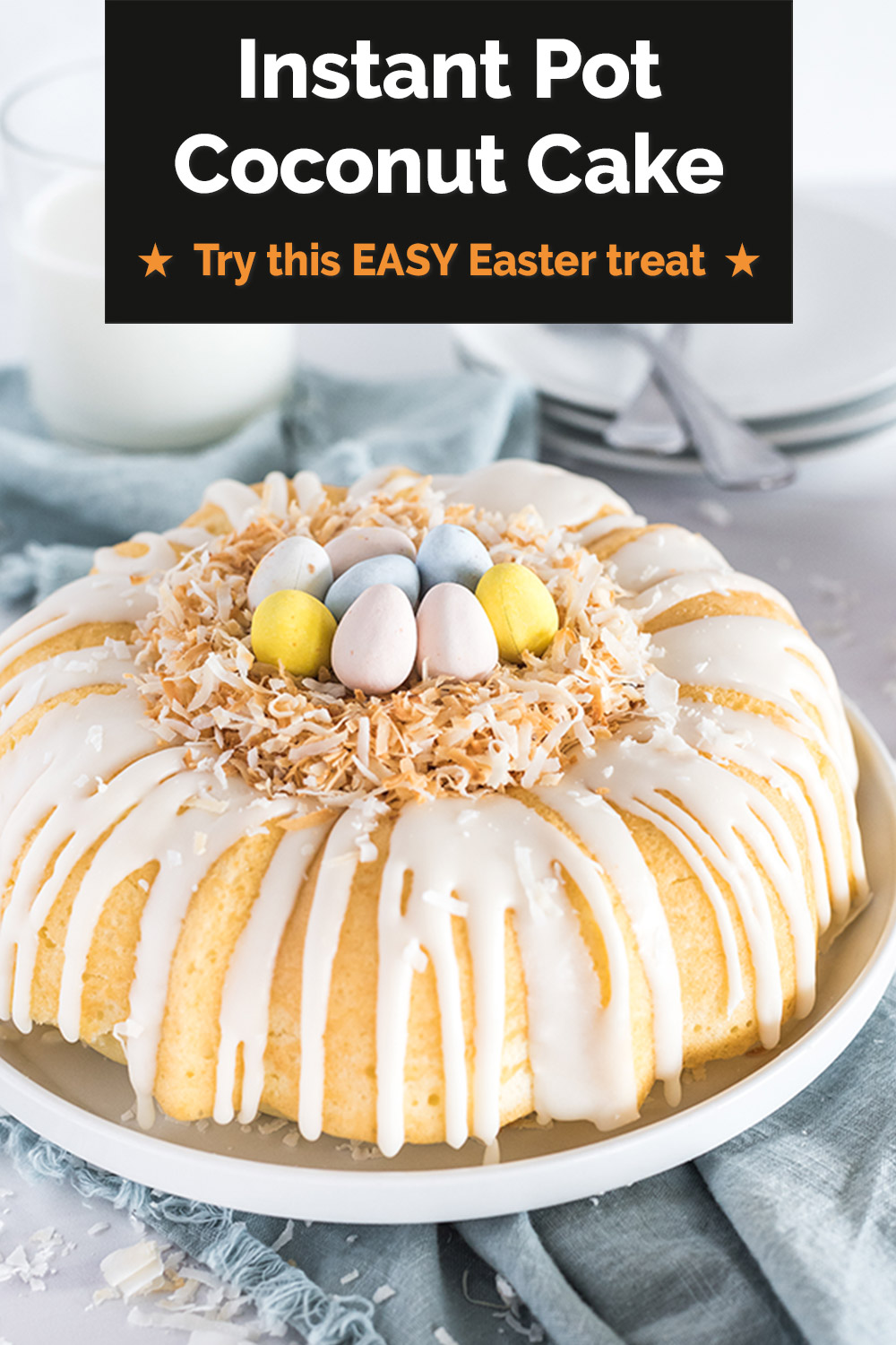 This EASY Easter dessert is a perfect addition to your family's Easter table this year. Use coconut to make a fun "nest" for your cadbury mini eggs. Plus, this shortcut Instant Pot recipe "bakes" up quick in your Instant Pot, so your oven is free for other parts of your Easter dinner. via @PressureCook2da