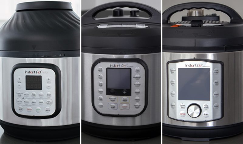 Close ups of three different Instant Pot models for the Instant Pot Comparison