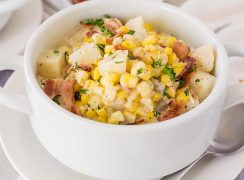 instant pot corn chowder in a white bowl