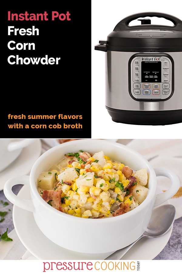 The BEST way to use your fresh corn on the cob. Use the cobs to make this amazing, creamy broth and then nserve the soup loaded with potatoes, bacon, and the corn. via @PressureCook2da