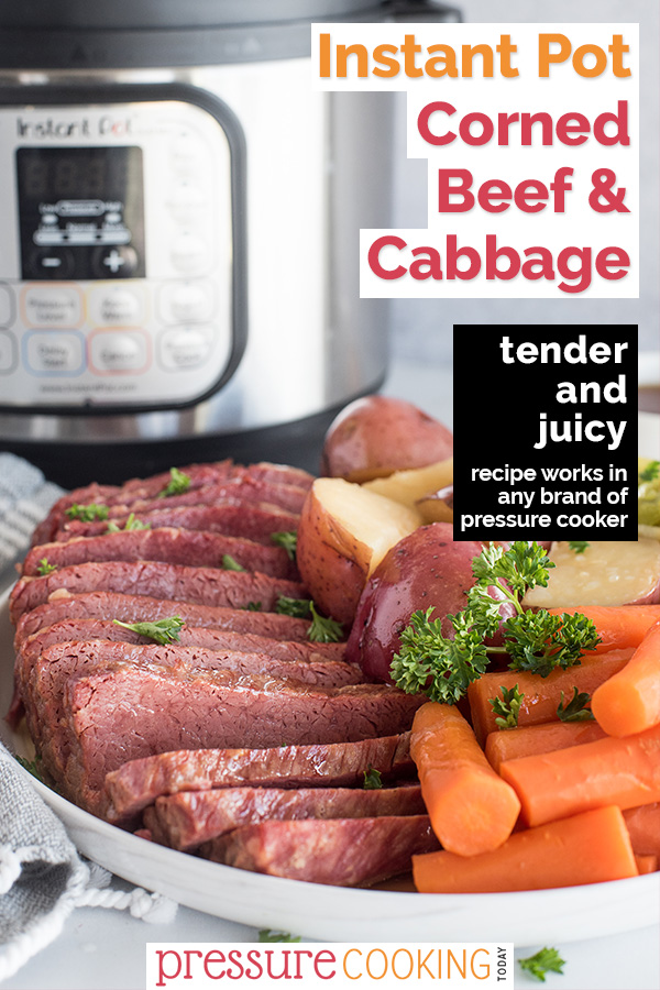 A white plate full of Pressure Cooker / Instant Pot Corned Beef and Cabbage, carrots, and potatoes, with an Instant pot featured in the background via @PressureCook2da