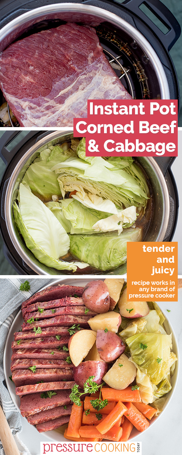 In process shots of pressure cooker corned beef and cabbage—the corned beef in the instant pot, the cabbage, and the full dinner arranged on a circular platter via @PressureCook2da