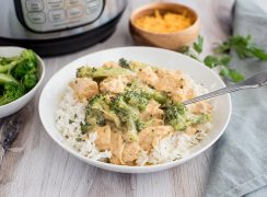 Pressure Cooker / Instant Pot Chicken and Broccoli over Rice, with an Instant Pot Duo in the background