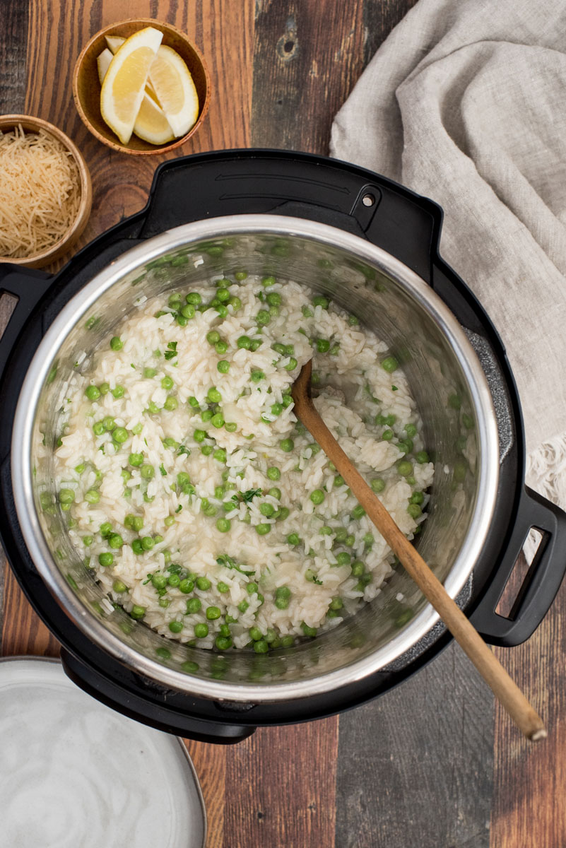 Overhead shot of creamy lemon risotto made in an Instant Pot.