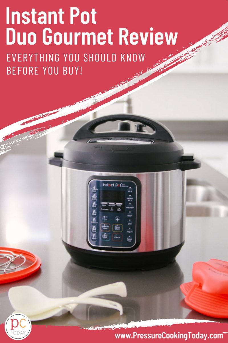Pinterest image with a pink box overlaid on an image of the INstant Pot Gourmet, with white text that reads "Instant Pot Duo Gourmet Review: What you need to know before buying"