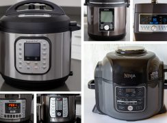 A collage of six different models of electric pressure cooker, including large images of the Instant Pot Duo Nova and the Ninja Foodi, and small images of the NuWave, the Power Quick Pot, the Zavor, and the Pampered Chef Quick Cooker.