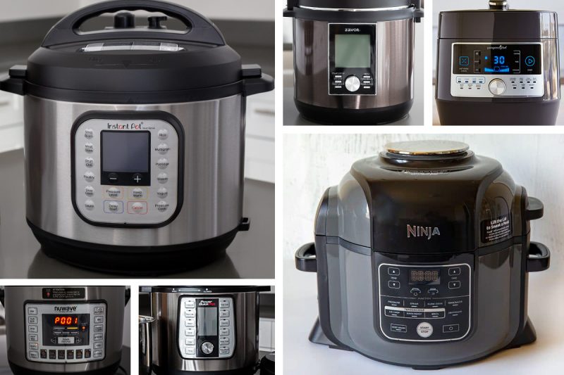 A collage of six different models of electric pressure cooker, including large images of the Instant Pot Duo Nova and the Ninja Foodi, and small images of the NuWave, the Power Quick Pot, the Zavor, and the Pampered Chef Quick Cooker.