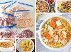 Collage of the Cook First Instant Pot Freezer Meals round up collage including images of prepackaged meat ready to freeze, chicken taco filling, beef stroganoff, pumpkin pie steel cut oats, egg bites, and chicken noodle soup.