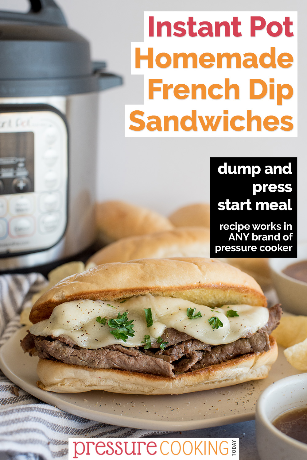 Easy French Dip Sandwiches that you can make in your Instant Pot. Makes a great rosemary garlic au jus dipping sauce and it starts with a mix to make life a little easier. via @PressureCook2da
