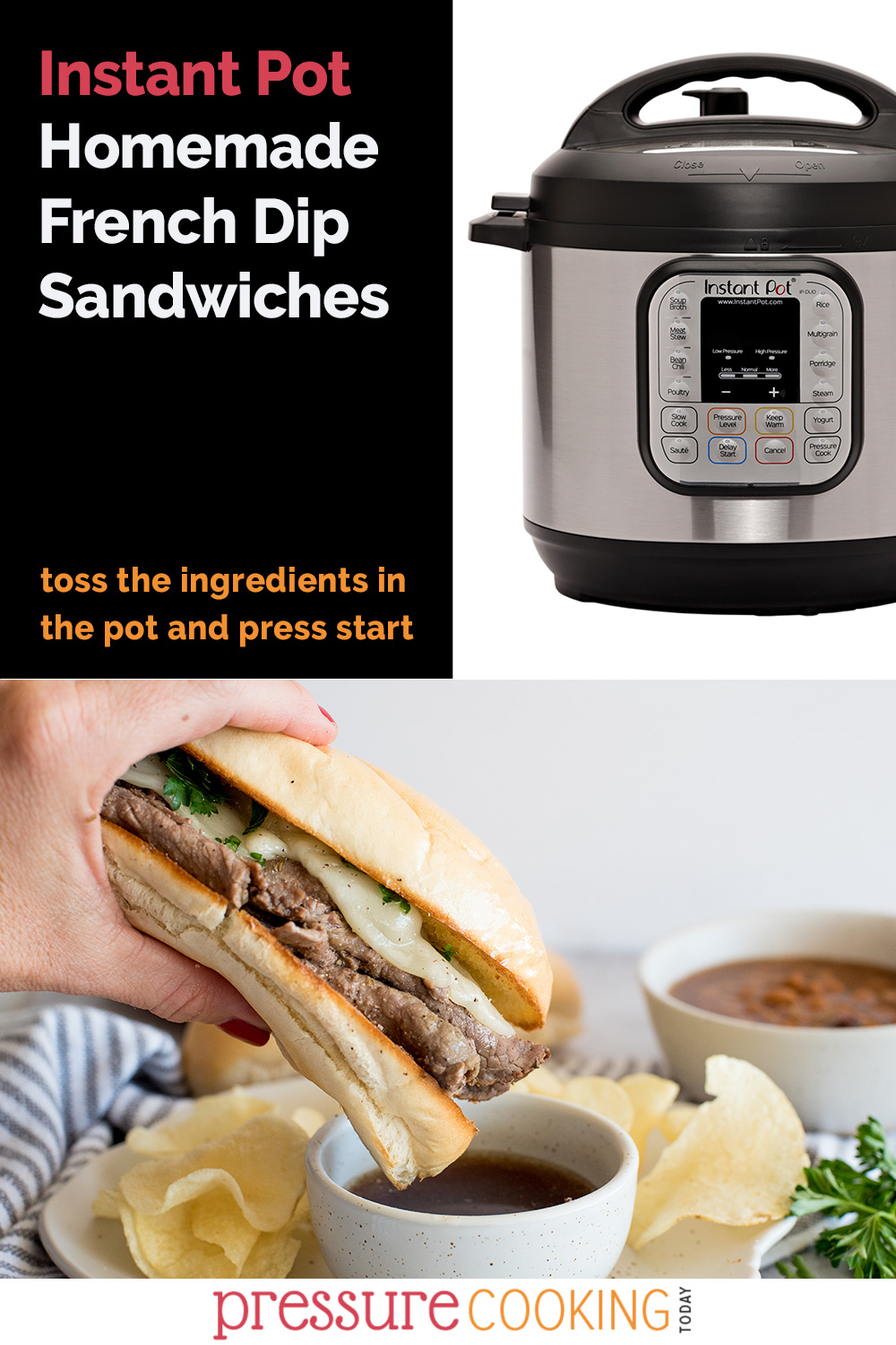 Easy French Dip Sandwiches that you can make in your Instant Pot. Makes a great rosemary garlic au jus dipping sauce and it starts with a mix to make life a little easier. via @PressureCook2da