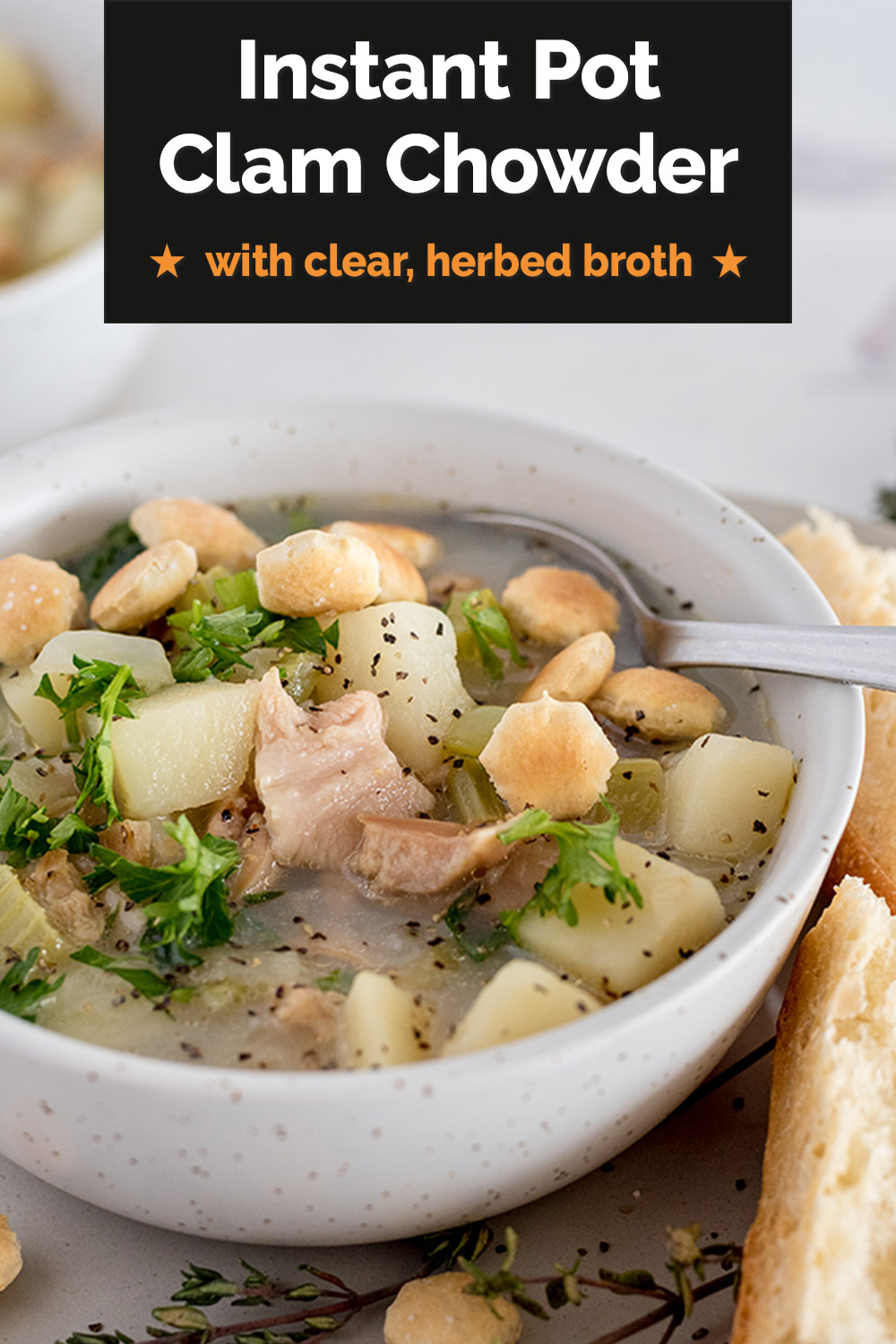 This lightened-up clam chowder has the classic herb and garlic flavors of traditional clam chowder—without the extra cream—and made fast in the Instant Pot! #PressureCookingToday #PCT #InstantPotRecipe #InstantPot via @PressureCook2da
