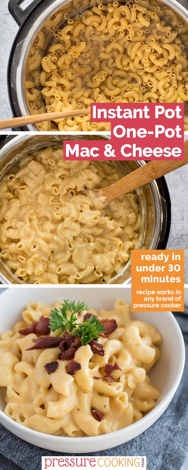 This Instant Pot Mac and Cheese is SUPER easy and made using just pantry staples, spices, and shredded cheese. (If you have bacon on-hand, it's an amazing addition.) You would never guess that the sauce uses canned ingredients! via @PressureCook2da