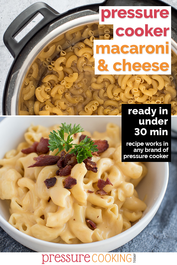 This Instant Pot Mac and Cheese is SUPER easy and made using just pantry staples, spices, and shredded cheese. (If you have bacon on-hand, it's an amazing addition.) You would never guess that the sauce uses canned ingredients! via @PressureCook2da