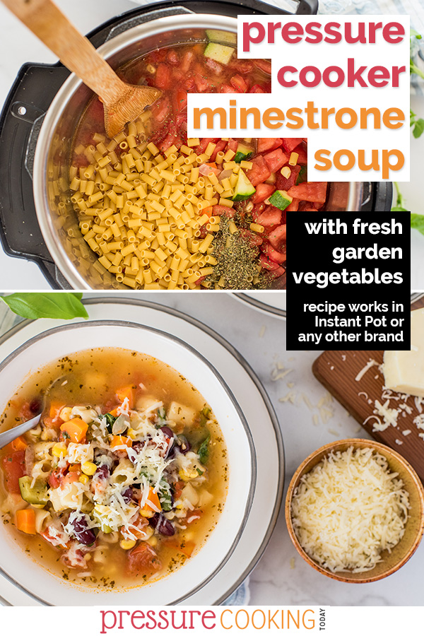 If you can get your hands on fresh tomatoes, you HAVE to try this easy Instant Pot minestrone soup recipe featuring fresh garden produce like tomatoes, zucchini, corn, and onions, plus beans and pasta. Plus instructions to freeze. #pressurecookingtoday via @PressureCook2da