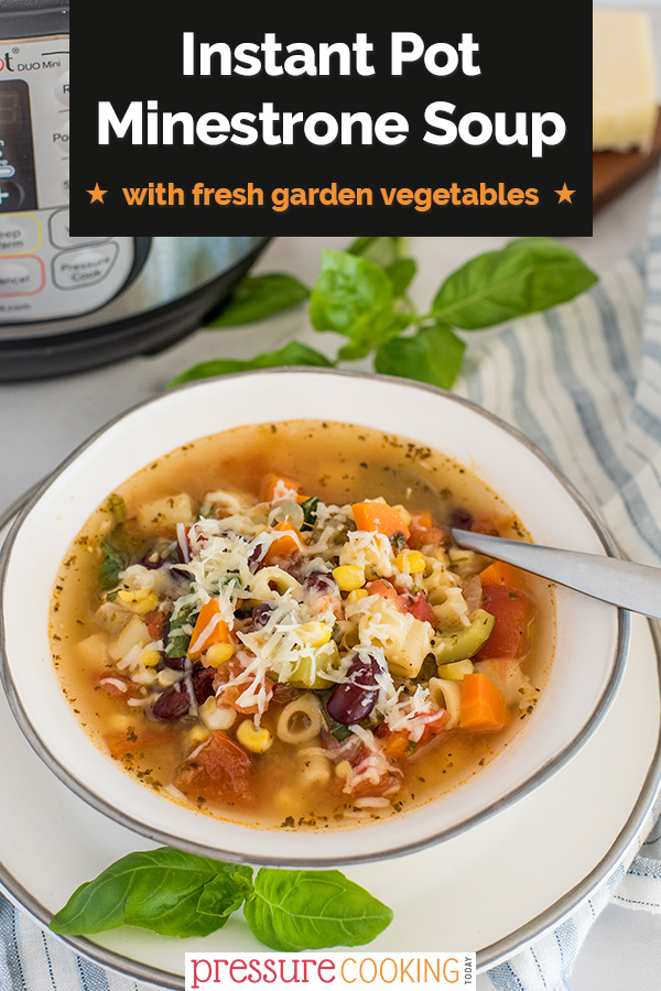 If you can get your hands on fresh tomatoes, you HAVE to try this easy Instant Pot minestrone soup recipe featuring fresh garden produce like tomatoes, zucchini, corn, and onions, plus beans and pasta. Plus instructions to freeze. #pressurecookingtoday via @PressureCook2da
