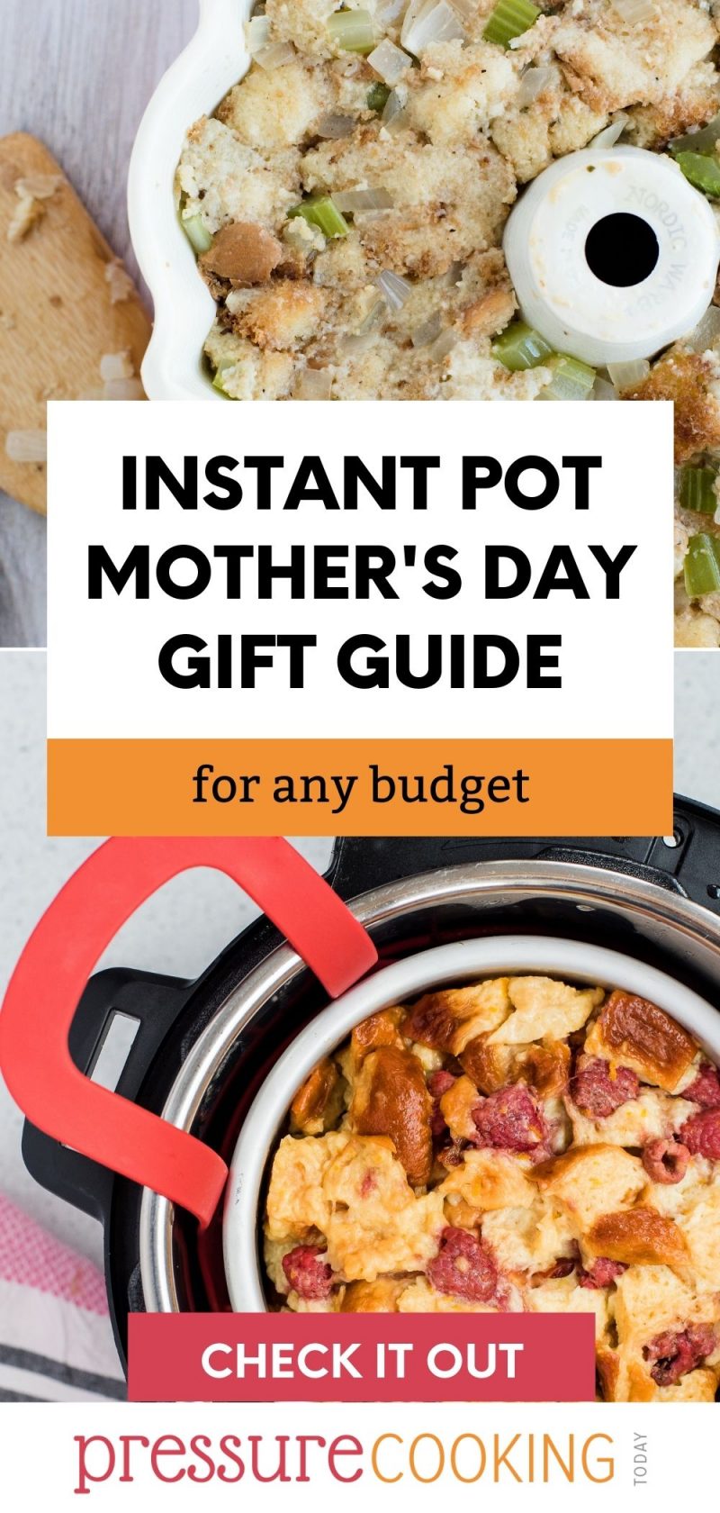 Pinterest Image Reading "Instant Pot Mother's Day Gift Guide" overlaid on a photo of a bundt pan and a cake pan with an Oxo sling