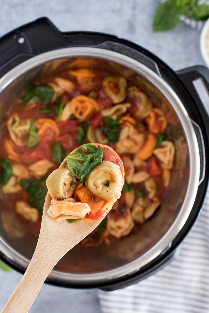 Tortellini made with fresh spinach, cooked and ready to serve from an Instant Pot.