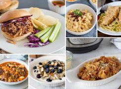 Collage of Instant Pot Pantry Staples Recipes including pulled pork, macaroni and cheese, chicken lazone, hearty beef stew, lemon blueberry steel cut oats, and bow tie past with a quick marinara sauce.