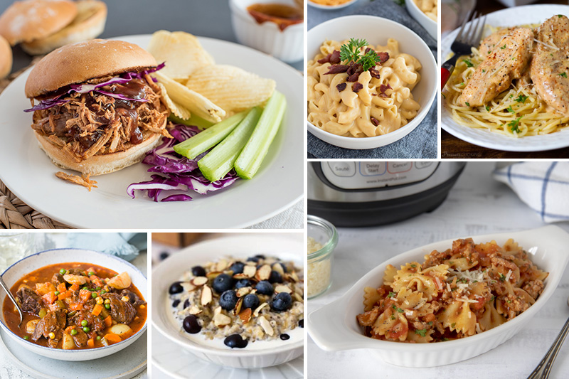 Collage of Instant Pot Pantry Staples Recipes including pulled pork, macaroni and cheese, chicken lazone, hearty beef stew, lemon blueberry steel cut oats, and bow tie past with a quick marinara sauce.