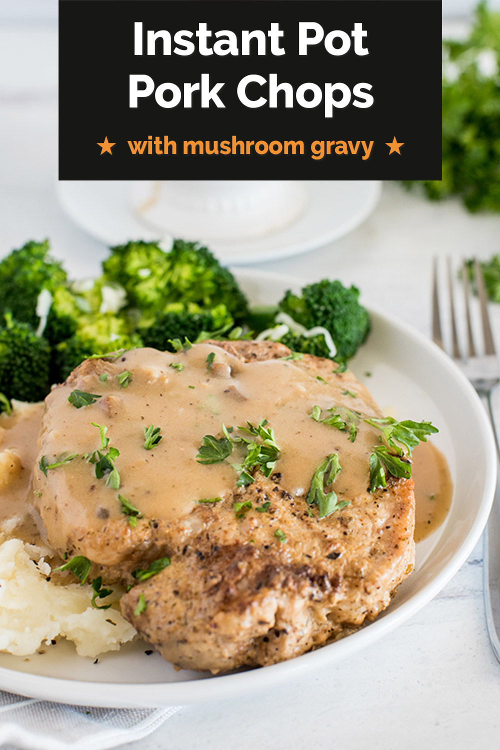 These Instant Pot Pork Chops with creamy mushroom gravy are made with cream of mushroom soup and pair perfectly with mashed potatoes or with rice. Start with a can of cream of mushroom soup to make life easier on busy nights! via @PressureCook2da