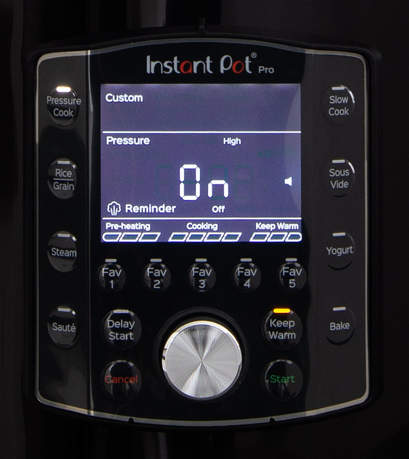 close-up of the Instant Pot Pro display, with the fav buttons and steam reminders clearly visible