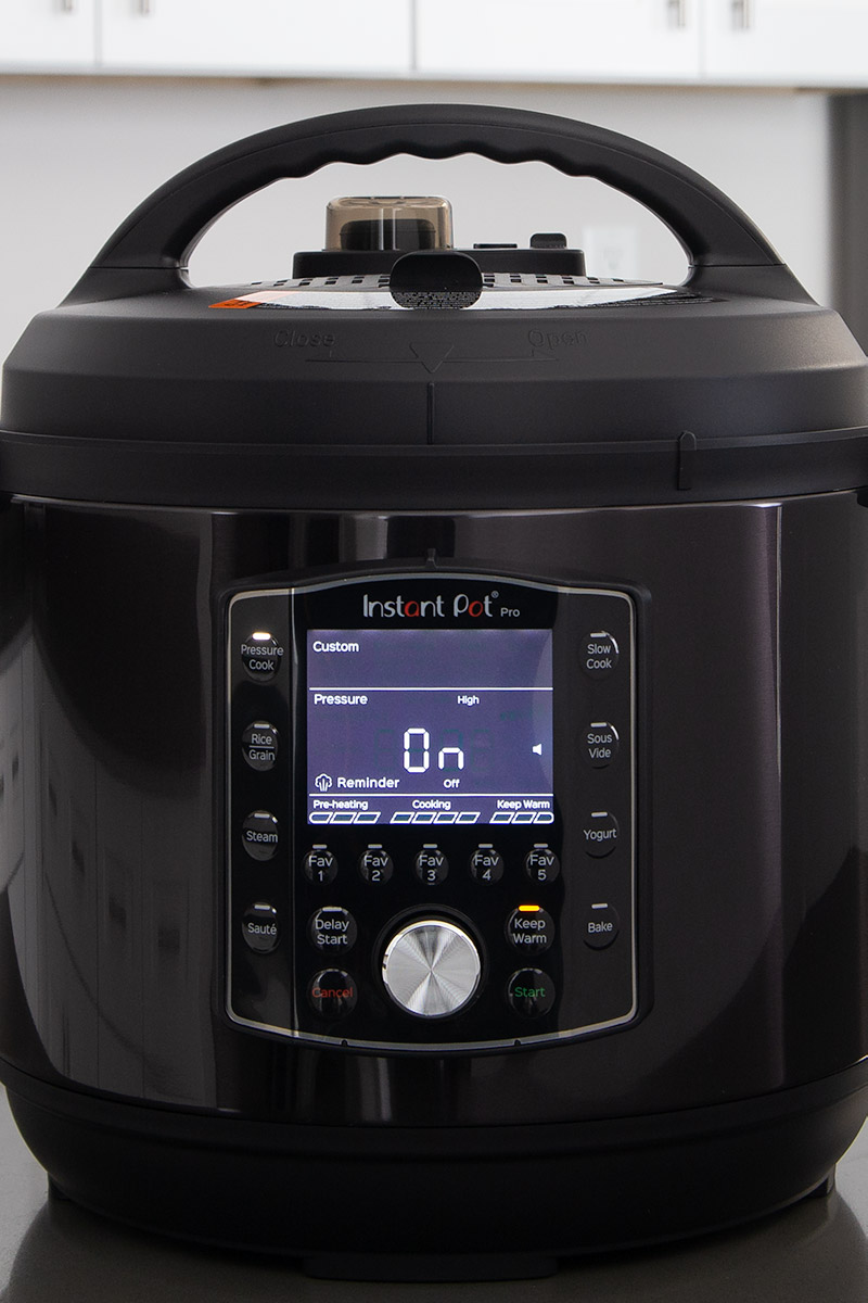 Close-up of the display of the black stainless steel exterior of the Instant Pot Pro