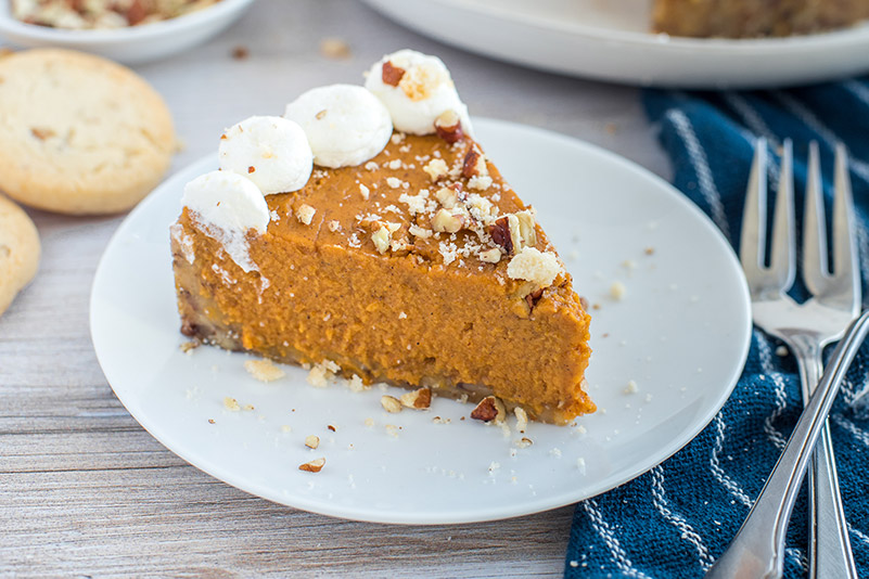 Instant Pot Pumpkin Pie plated up for Thanksgiving.
