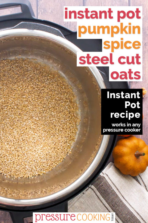 Pinterest image for Instant Pot Pumpkin Steel Cut Oats recipe; background photo of oats browning in the pressure cooker