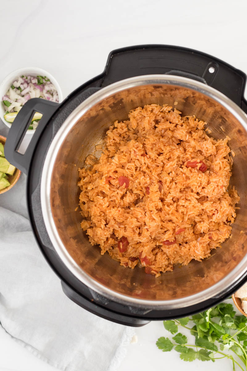 overhead of an instant pot with spanish rice