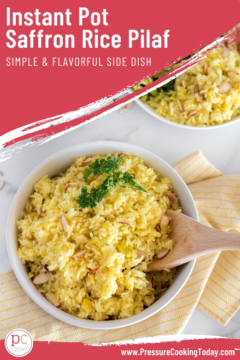 Instant Pot Rice Pilaf, made with a beautiful saffron broth, toasted almonds, and long grain white, is the perfect quick and easy side dish. We love to serve it with a simple grilled protein. #PressureCookingToday via @PressureCook2da