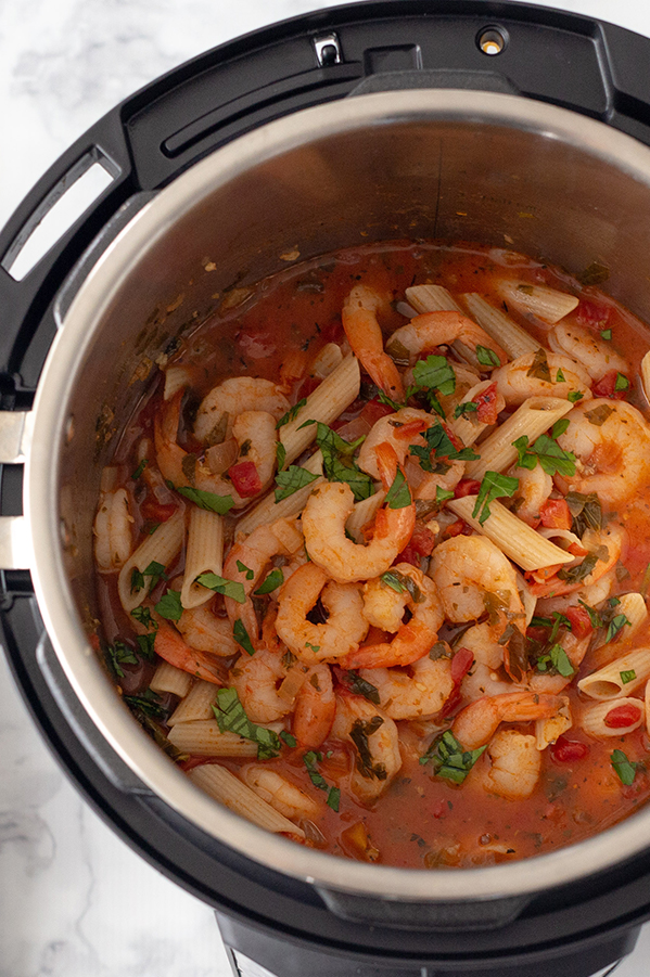 overhead view of Shrimp Diavolo in Instant Pot cooked and read to serve.
