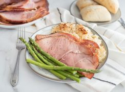 A plate of food on a table, with Ham