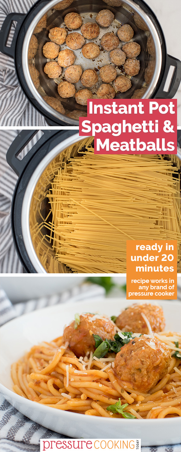 Pinterest promotion image, featuring three photos. Top photo is the frozen meatballs laid out on the bottom of the Instant Pot, the middle picture is the spaghetti broken in half and arranged criss-cross on top, and the bottom picture is plated spaghetti with three meatballs and basil via @PressureCook2da