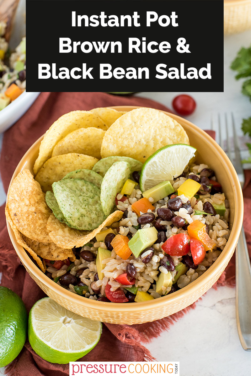 pinterest button for black bean and brown rice salad with avocado