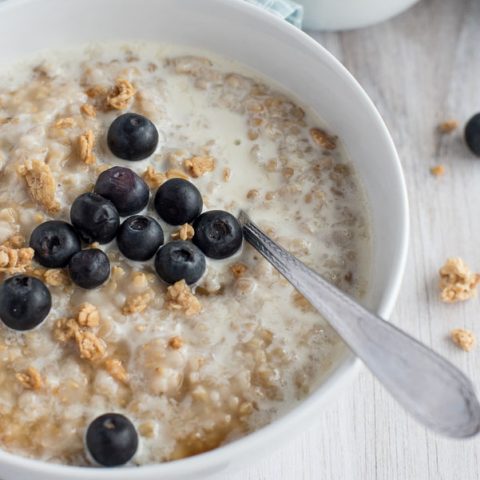 white cereal owl filled with pressure cooker steel cut oats with blueberries