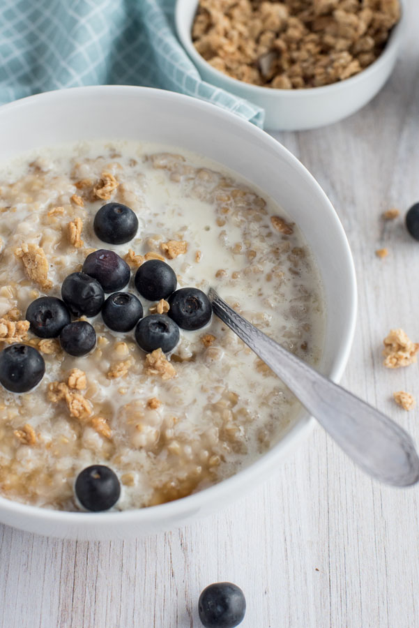white cereal owl filled with pressure cooker steel cut oats with blueberries