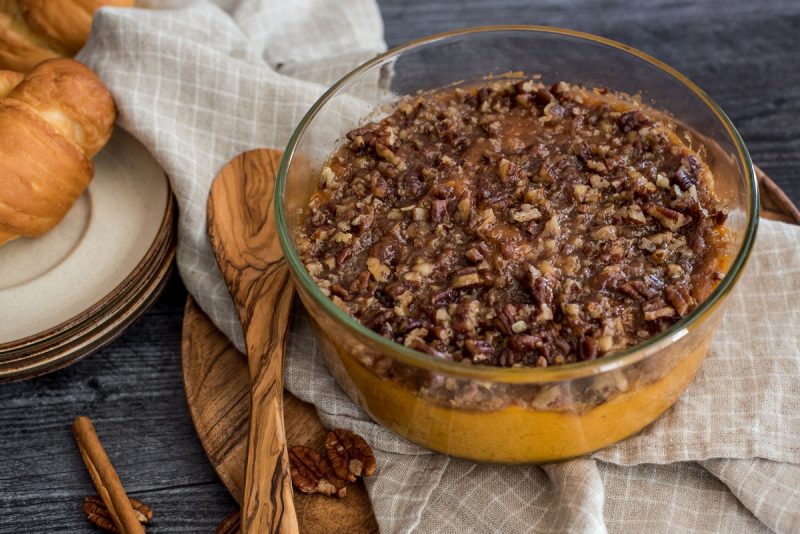 glass container with instant pot sweet potato casserole 